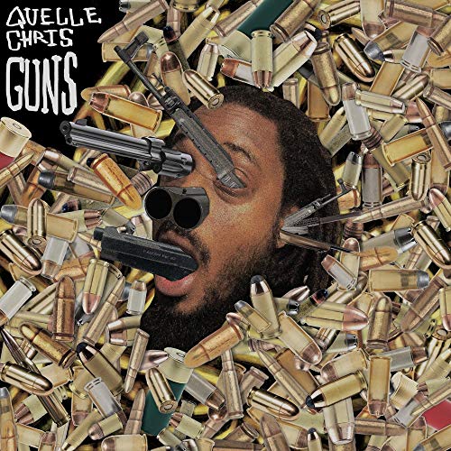 Album cover featuring a man’s face surrounded by firearms and bullets.
