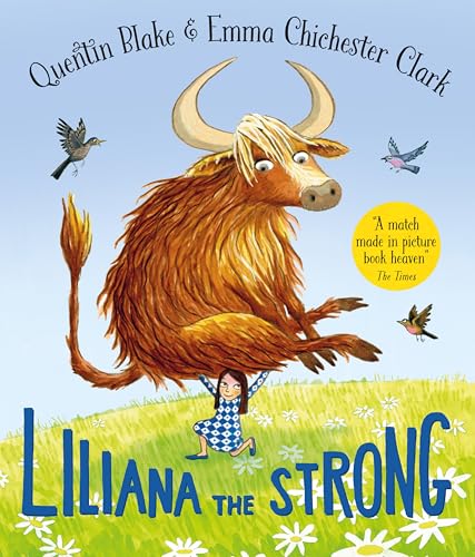 Illustration of a large, shaggy Highland cow and a small girl in a field.