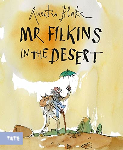 Illustration of an elderly man with an umbrella in a desert landscape.