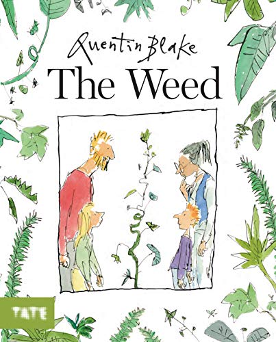 Book cover illustration of a family looking at a tall weed, surrounded by foliage.