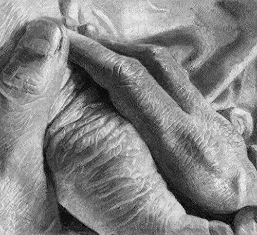 Black and white pencil drawing of clasped, wrinkled hands.