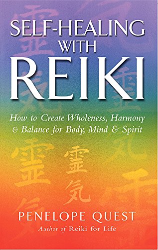 Book cover: "Self-Healing With Reiki" with rainbow gradient and Japanese characters.
