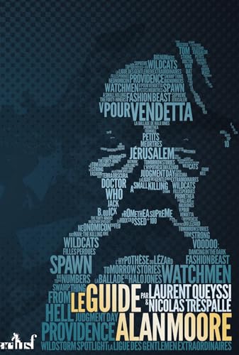 Book cover featuring a portrait of Alan Moore formed from text titles.