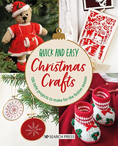 Craft book cover with Christmas decorations, knitted items, and text.