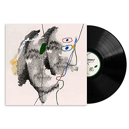 Vinyl record sleeve with abstract design and protruding black vinyl disc on white background.