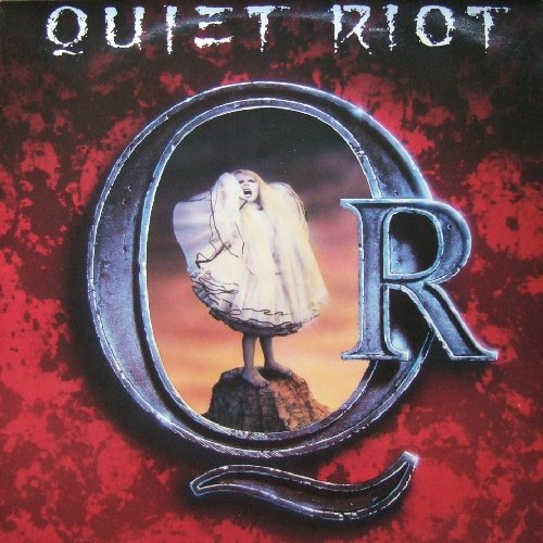Quiet Riot album cover: red background, ornate "QR" with a girl inside.