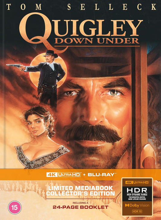 “Quigley Down Under” movie cover with Tom Selleck, a woman, and a landscape.