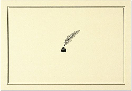 Cream-colored note card with a double-line border and a quill pen in an inkwell.