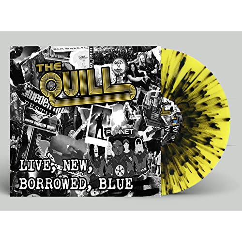 Vinyl record with collage cover art and yellow/black splatter pattern.