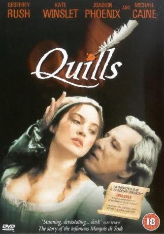 Quills" DVD cover featuring Kate Winslet and Geoffrey Rush in period costumes.