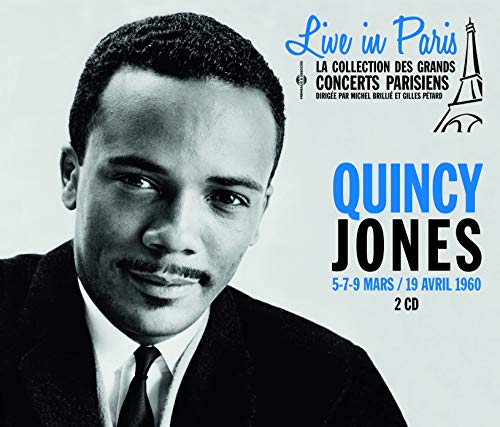 Quincy Jones album cover, portrait of Jones, text "Live in Paris", 2CD.