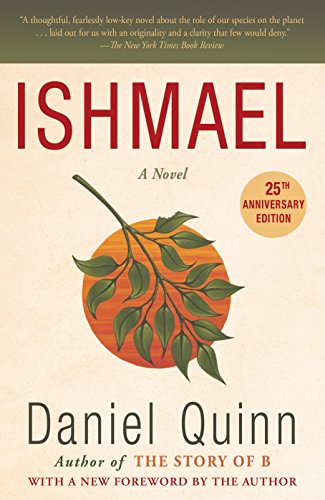 Book cover for Ishmael by Daniel Quinn featuring a leafy branch over a sunset circle.