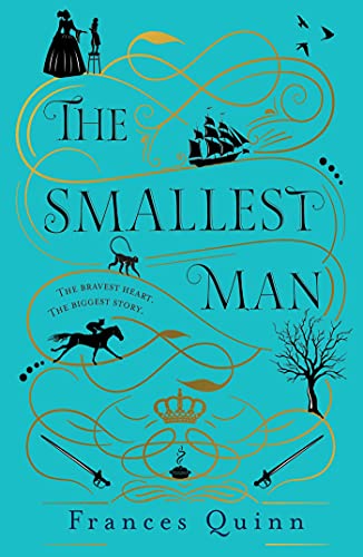 Book cover with teal background, gold swirls, black silhouettes, and title The Smallest Man.