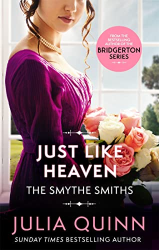 Book cover: woman in purple dress holding pink and white roses.