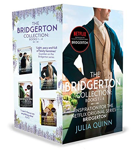 Box set of four Bridgerton romance novels with a man in Regency attire.
