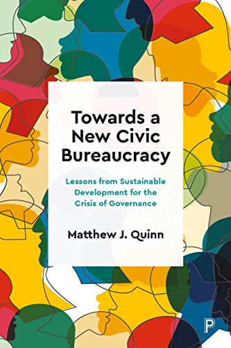 Book cover with colorful, overlapping faces and title: "Towards a New Civic Bureaucracy.