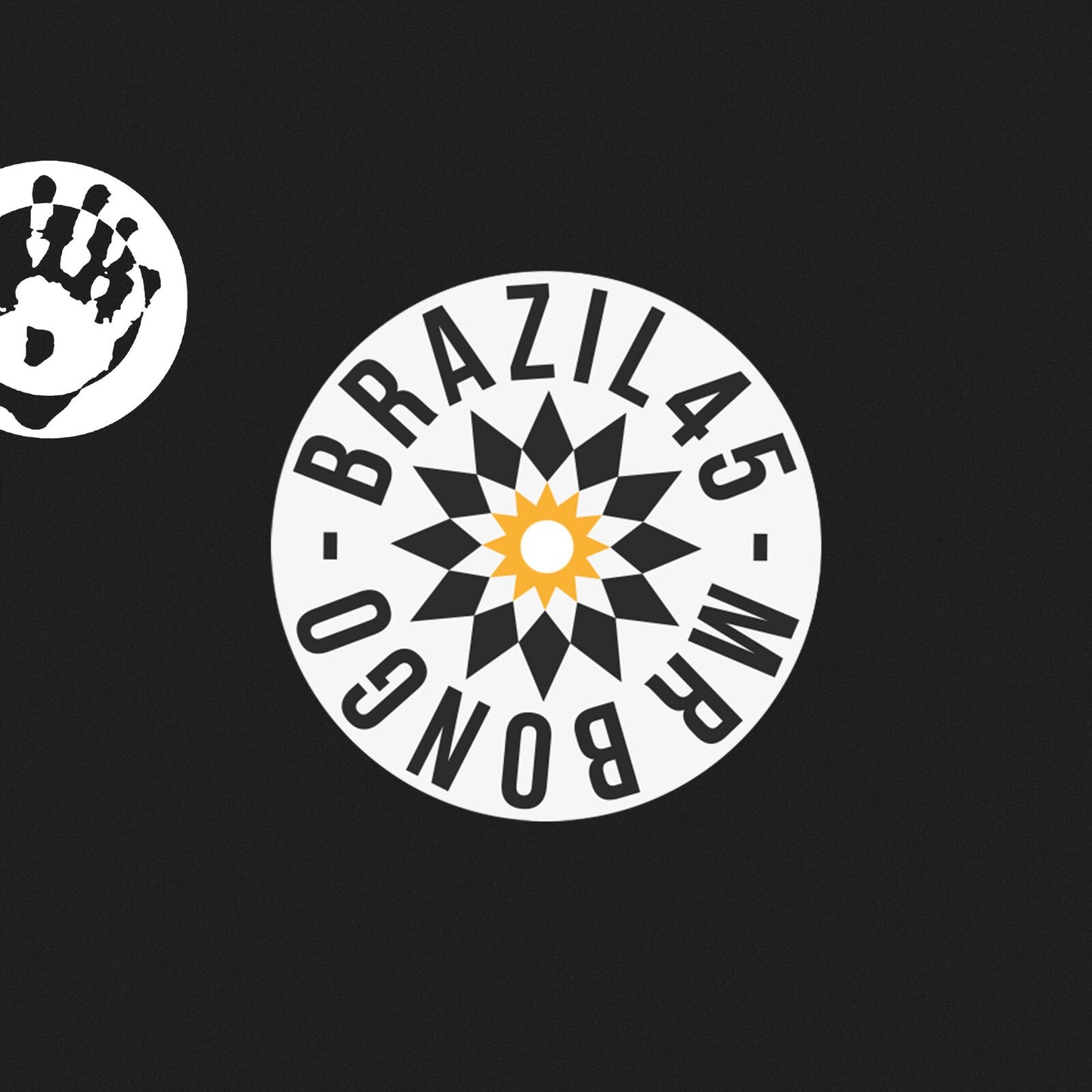 Record label logo: Brazil45 with sunburst and handprint graphic.