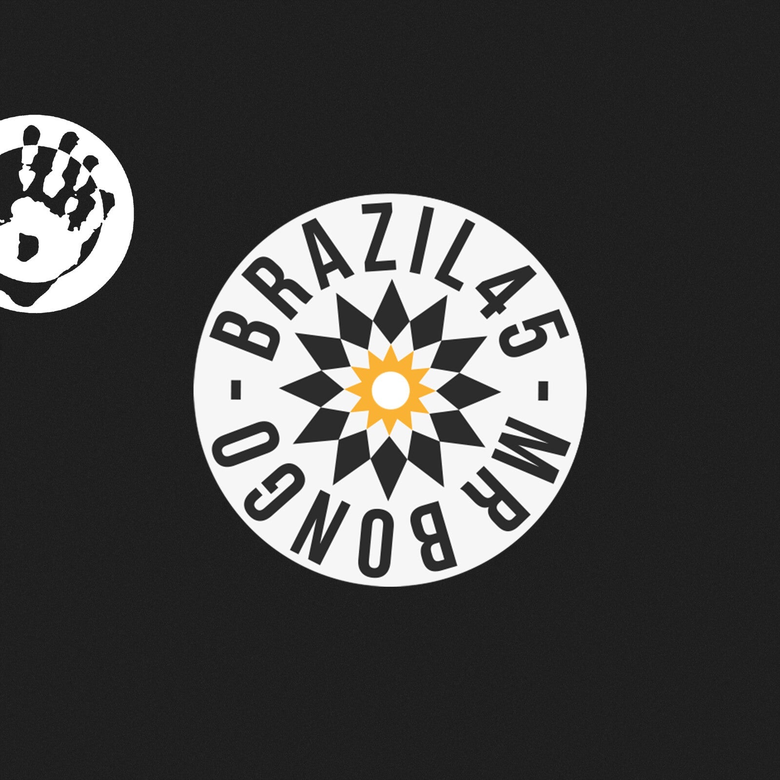 Record label logo: Brazil45 with sunburst and handprint graphic.