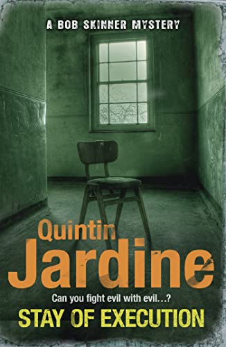 Book cover: dark green cell with a lone chair, text "Stay of Execution".