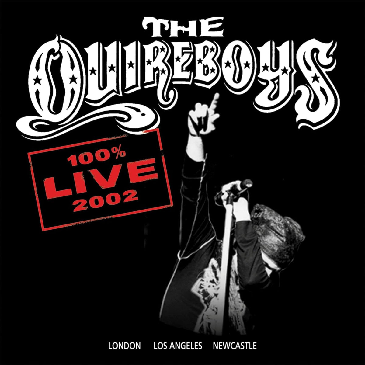The Quireboys "100% Live 2002" CD cover with band image and red banner.