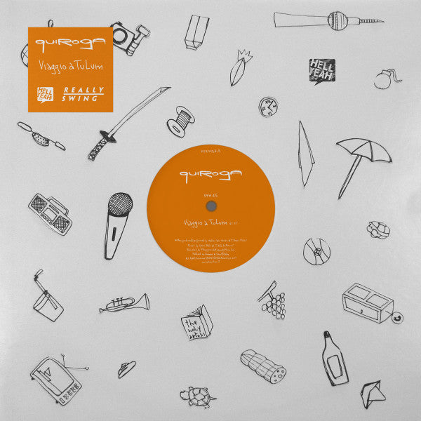 Vinyl record with hand-drawn doodles and orange text on a white background.