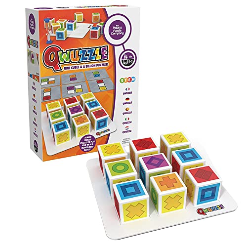 Box and stacked colorful cubes for the Qwuzzle puzzle game.