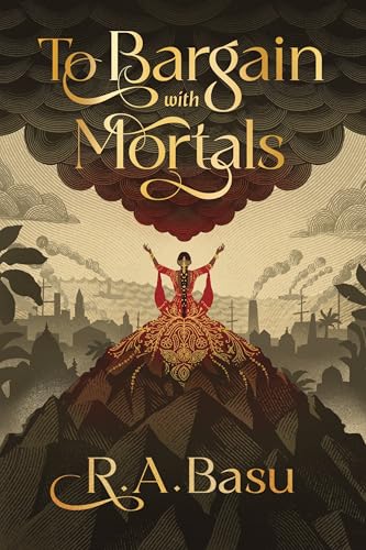 Book cover: woman in ornate dress atop a hill, city background.