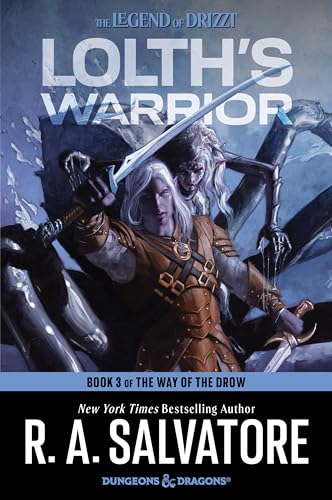 Book cover: Drizzt Do’Urden with a sword, fantasy art, dark background.