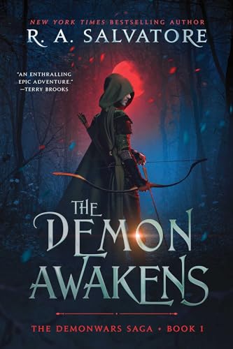 A hooded archer stands in a dark forest against a glowing red moon.