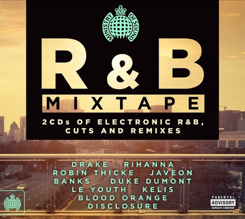 "CD cover with 'R&B Mixtape' title, artist names, and cityscape background."
