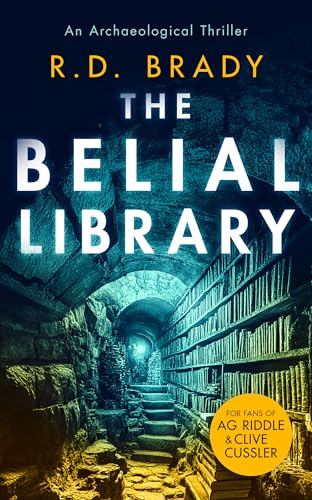 Book cover: “The Belial Library” depicts a stone staircase descending into a library.