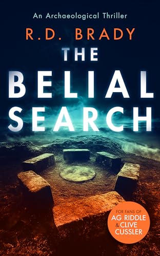 Book cover: "The Belial Search" with stone ruins and dark, stormy sky.