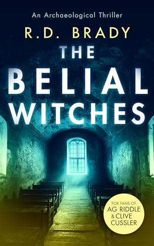 Book cover: "The Belial Witches" with a stone church interior scene.