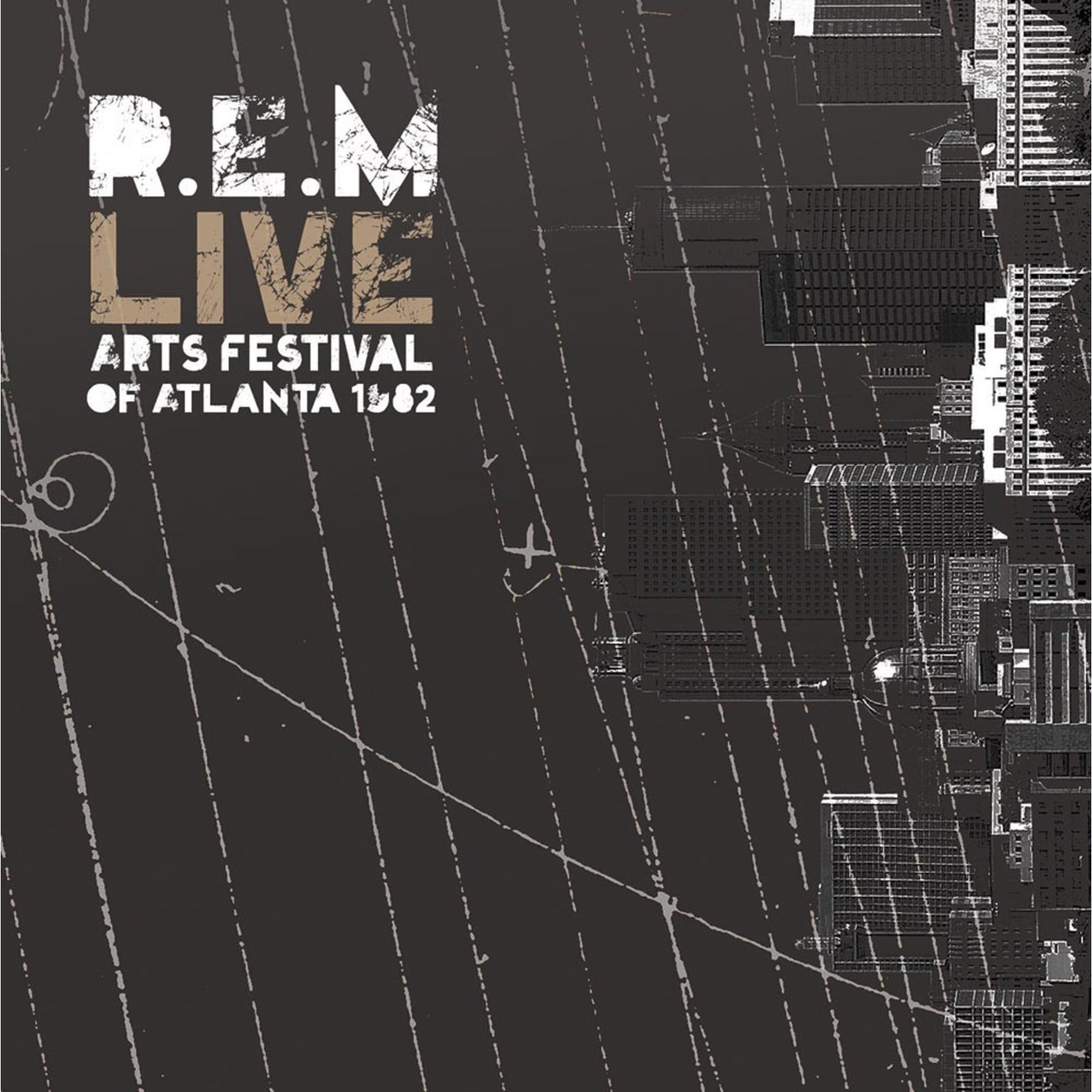 R.E.M. album cover: black background with white text and building blueprint.