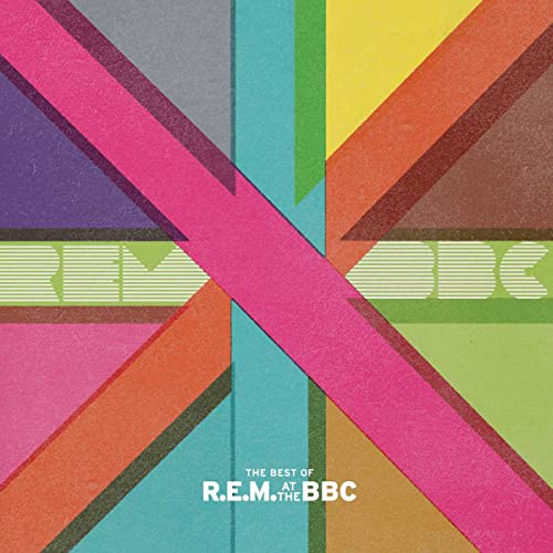 R.E.M. album cover: abstract geometric design in pink, teal, and orange.