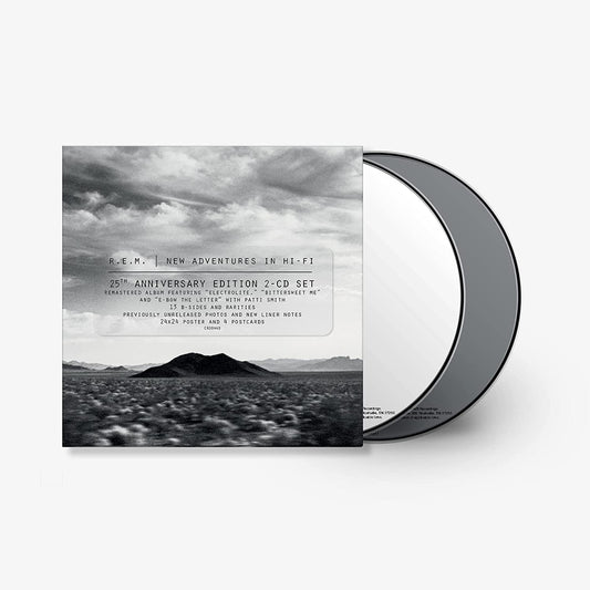 Black and white desert landscape with cloudy sky and text overlay reading R.E.M. New Adventures.