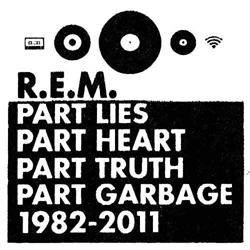 Black and white album cover with R.E.M. text and vinyl records icons.