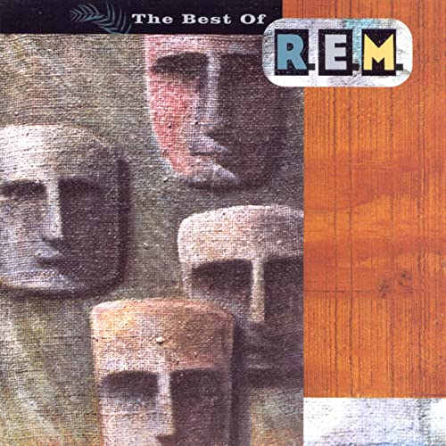 R.E.M. “The Best Of” CD cover featuring stone faces and orange background.