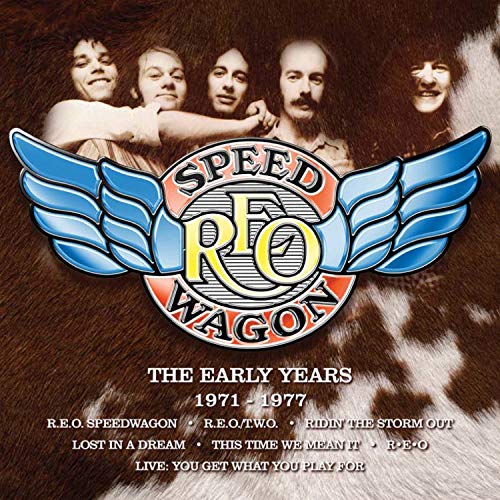 REO Speedwagon album cover with band photo and winged logo on cowhide.