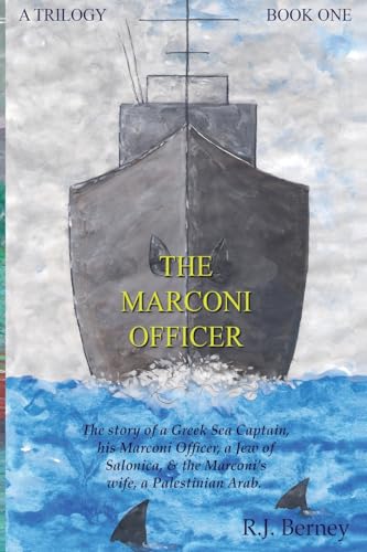 Book cover: dark ship at sea with shark fins visible below.