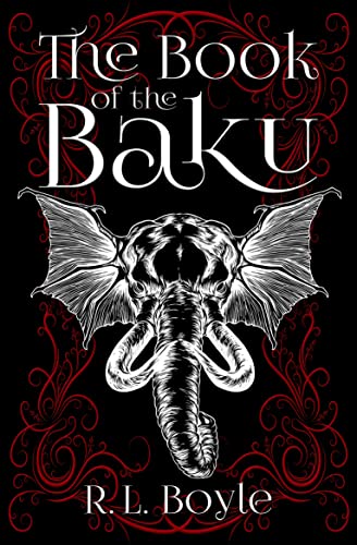 Book cover featuring a detailed, black and white illustration of a Baku.