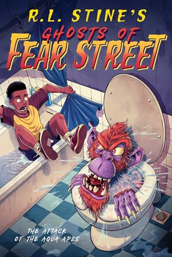 Book cover: boy scared by a monstrous ape emerging from a toilet.
