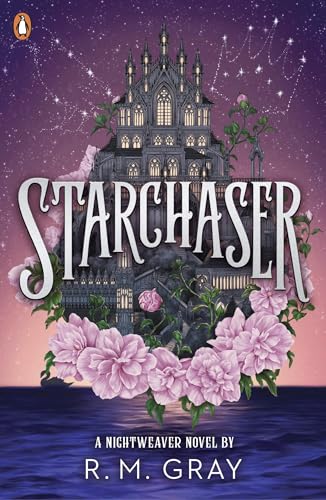Book cover for "Starchaser" featuring a dark castle and pink flowers.