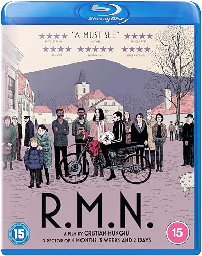 Blu-ray cover for "R.M.N." featuring a drawn town scene and people.