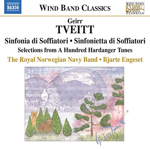 CD cover for "TVEITT: MUSIC FOR WIND" featuring a folk art landscape.