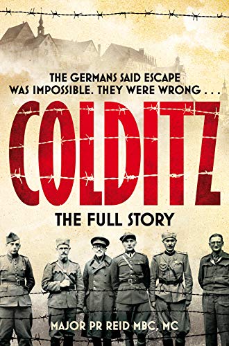 Book cover for "Colditz: The Full Story" featuring a castle and prisoners of war.