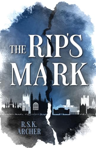 Book cover with title The Rip's Mark, a city skyline, and a vertical crack.
