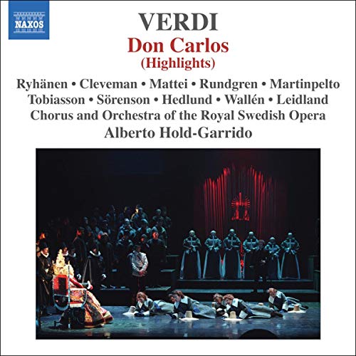 CD cover for Verdi’s “Don Carlos” opera, stage scene depicted.
