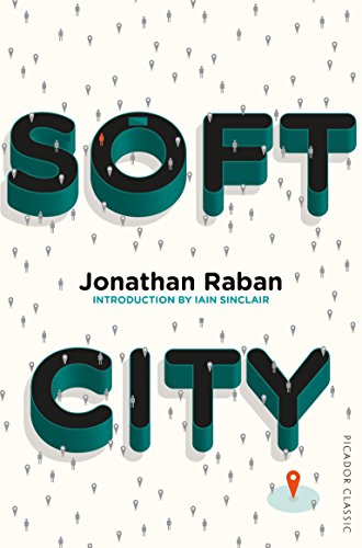 Book cover for “Soft City” with teal 3D text and map pin graphics.