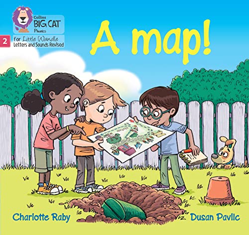 Children looking at a map in a garden, book cover illustration.